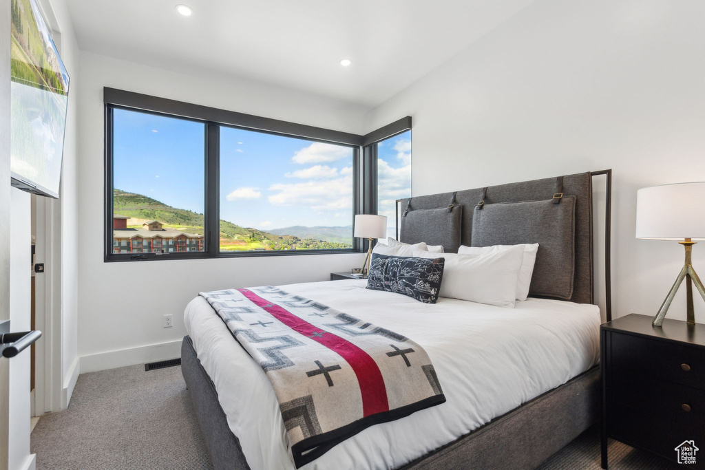 Carpeted bedroom featuring baseboards and recessed lighting