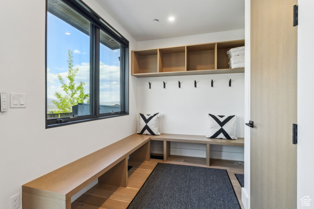 Mudroom with light wood-style flooring