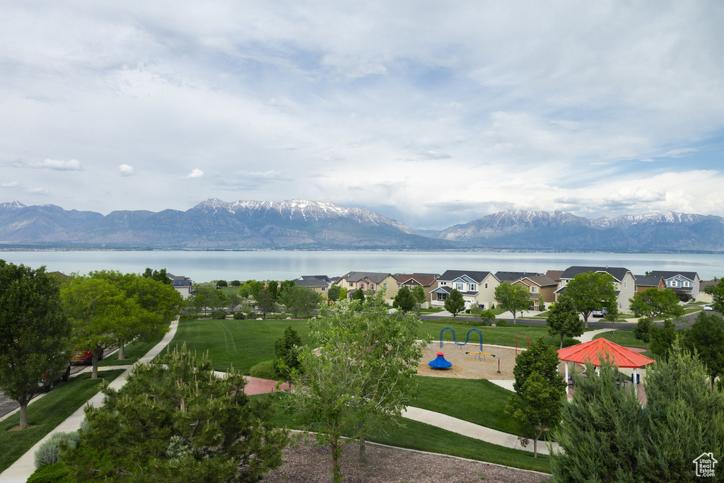 Aerial view of a water and mountain view