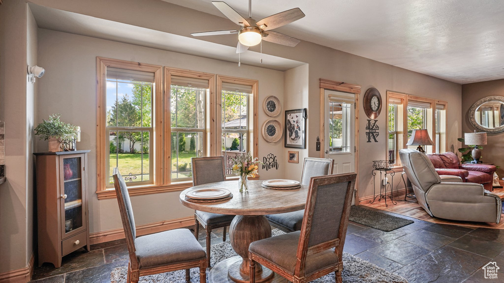 Dining room with stone tile flooring, healthy amount of natural light, ceiling fan, and baseboards