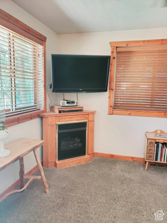 Carpeted living room featuring baseboards