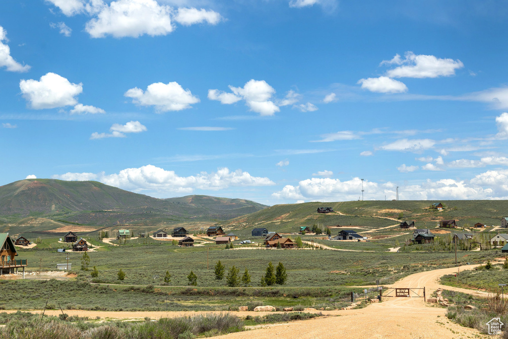 View of mountain backdrop with rural landscape