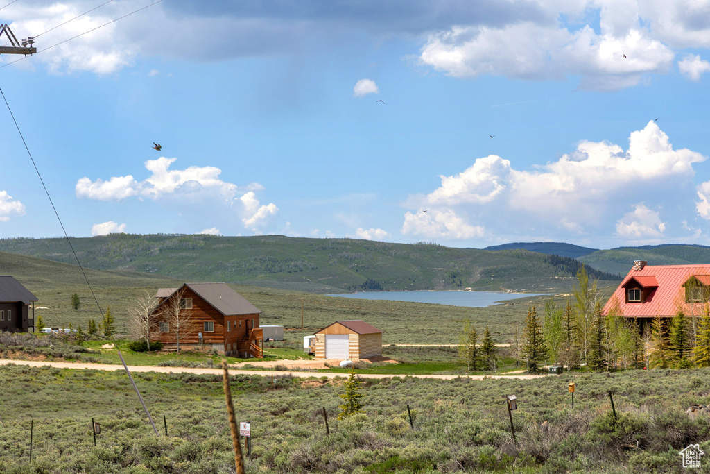 View of mountain backdrop featuring a large body of water