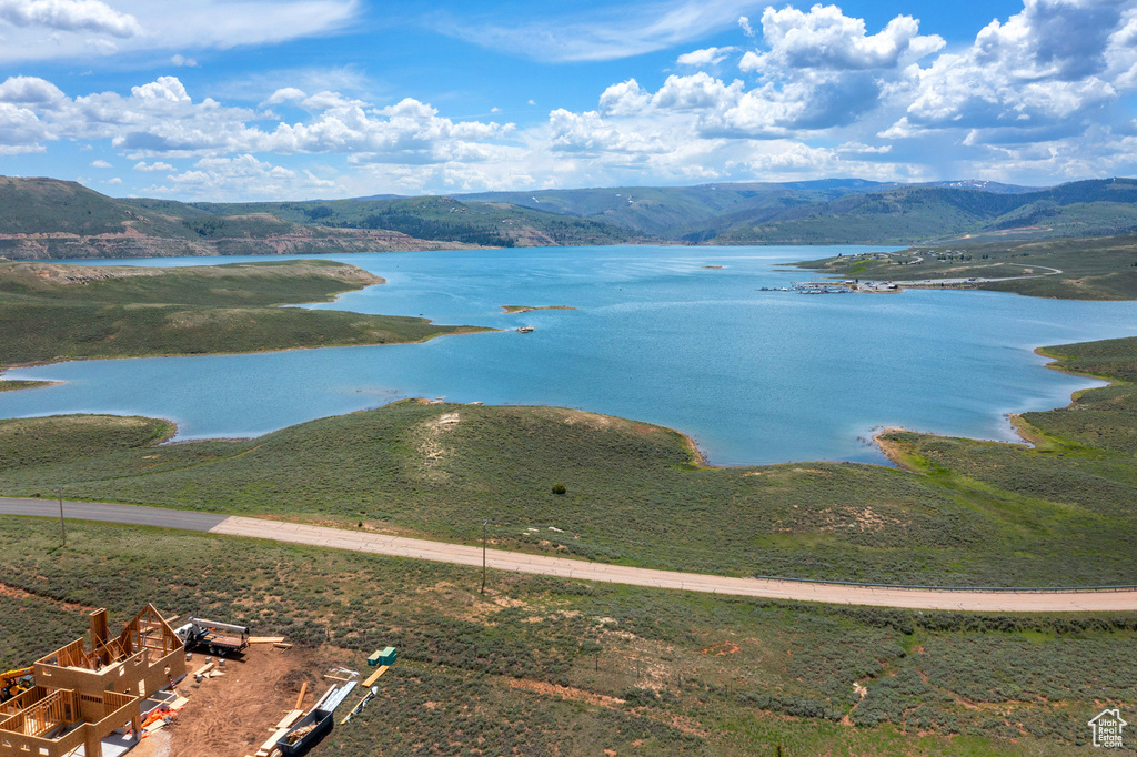 Aerial view of a water and mountain view