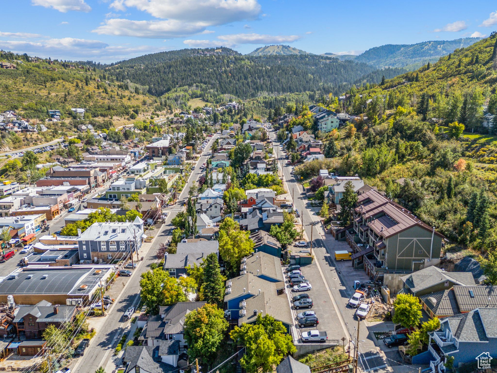 Aerial view of residential area with mountains and a forest
