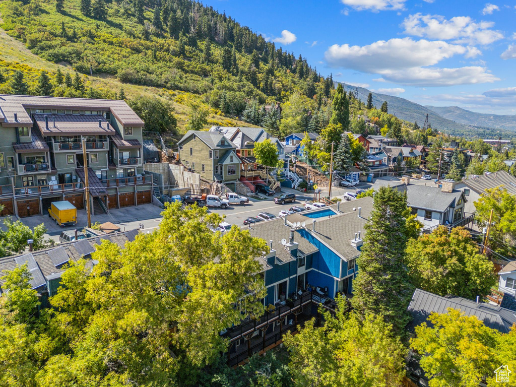 Aerial perspective of suburban area with mountains