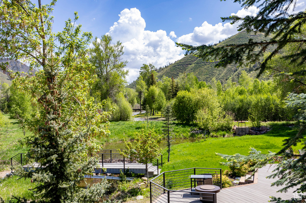 View of community featuring a garden, a yard, and a deck with mountain view