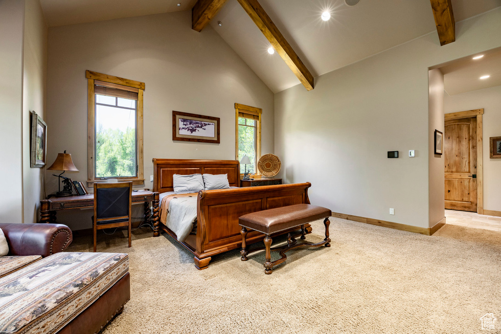 Bedroom featuring beam ceiling, recessed lighting, light colored carpet, baseboards, and high vaulted ceiling