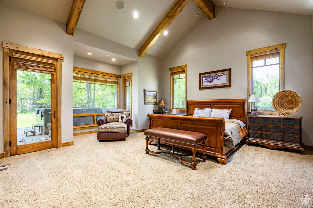 Bedroom featuring access to exterior, carpet floors, recessed lighting, beamed ceiling, and high vaulted ceiling