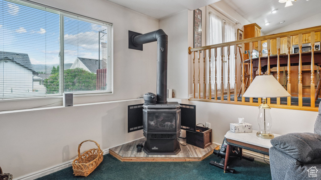 Detailed view of a wood stove, carpet flooring, and baseboards