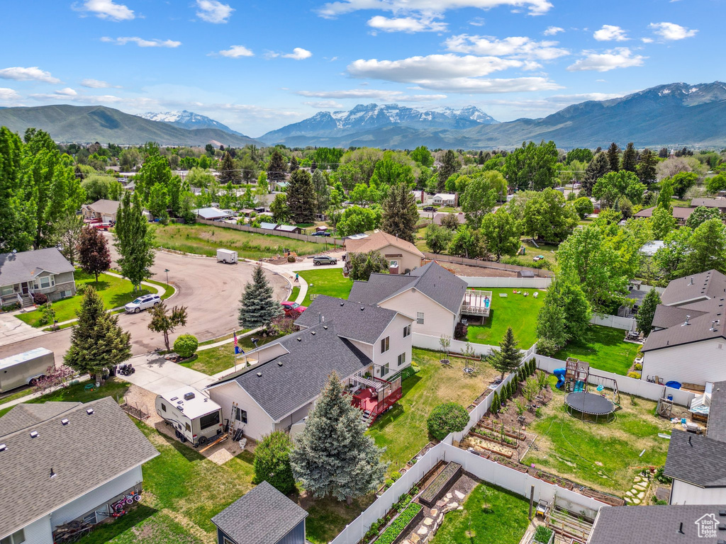 Aerial perspective of suburban area featuring mountains