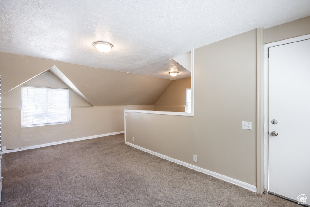 Bonus room with carpet, baseboards, plenty of natural light, vaulted ceiling, and a textured ceiling