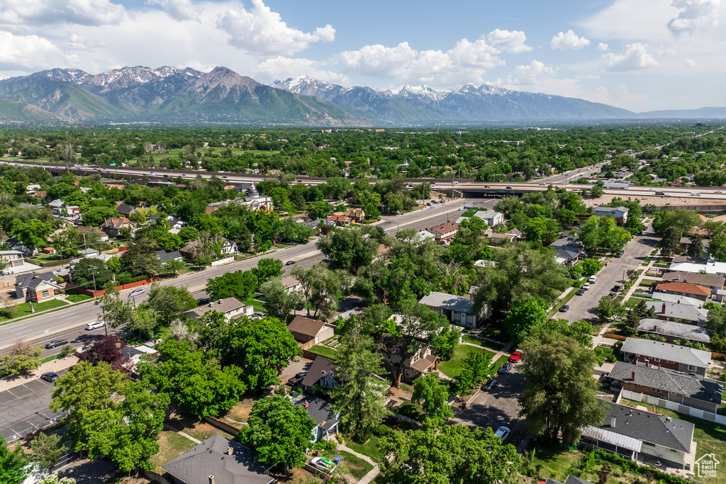 Aerial view of residential area with a mountain backdrop