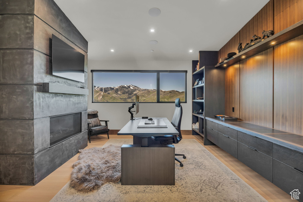 Office space featuring light wood-style flooring, a glass covered fireplace, and recessed lighting