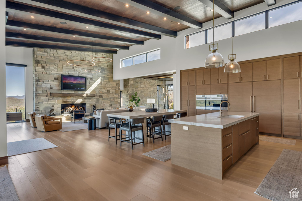 Kitchen featuring a sink, modern cabinets, a fireplace, open floor plan, and a high ceiling