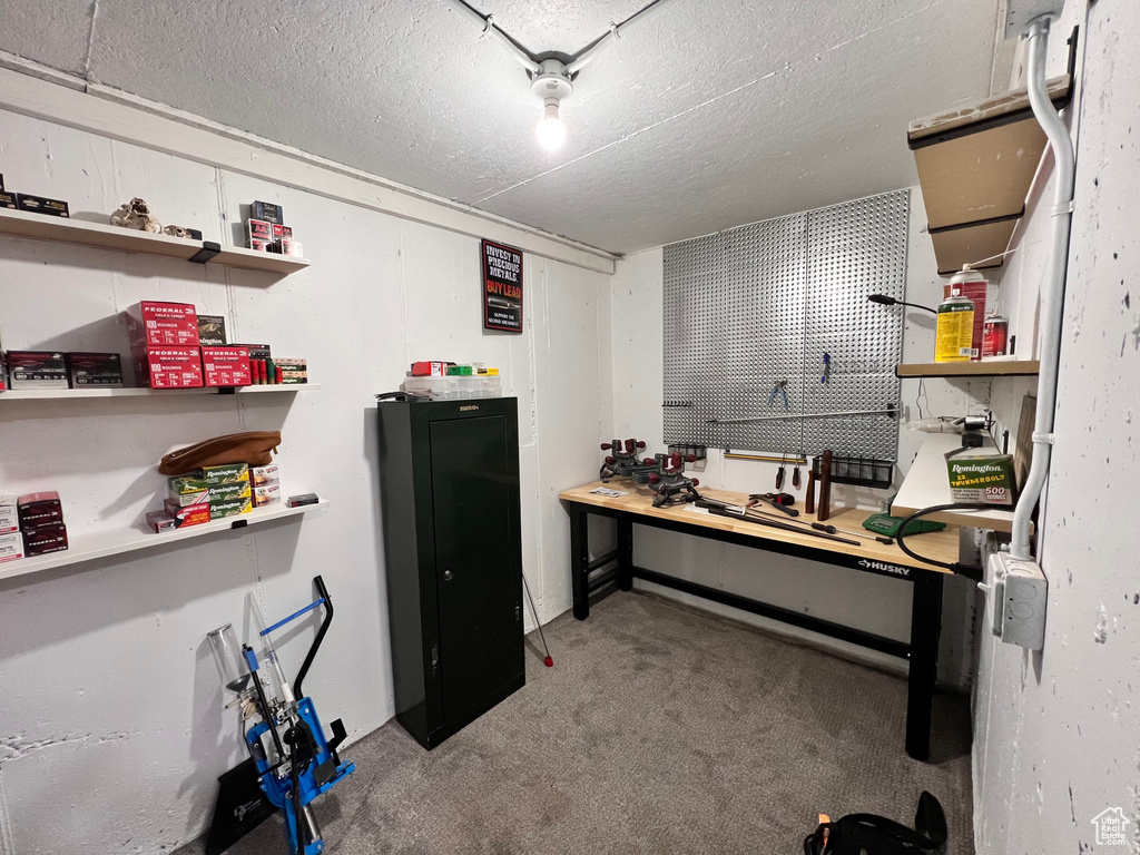 Carpeted office space with a workshop area and a textured ceiling