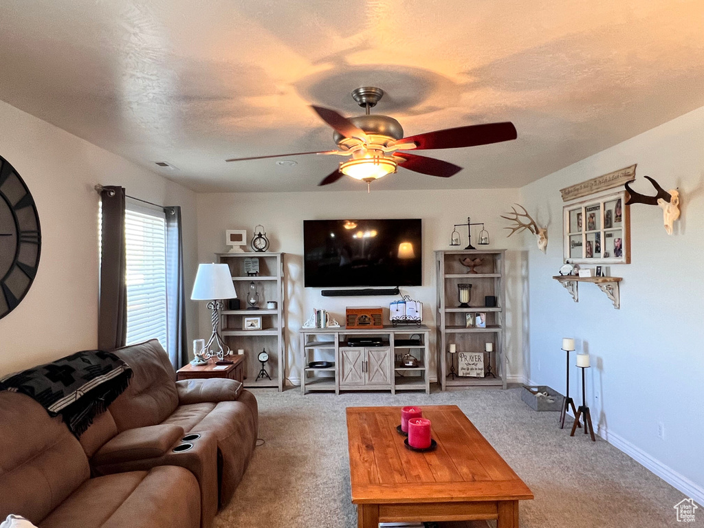 Living area with a ceiling fan, carpet floors, and baseboards