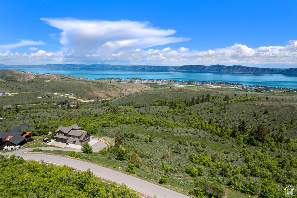 Bird\'s eye view of a water and mountain view
