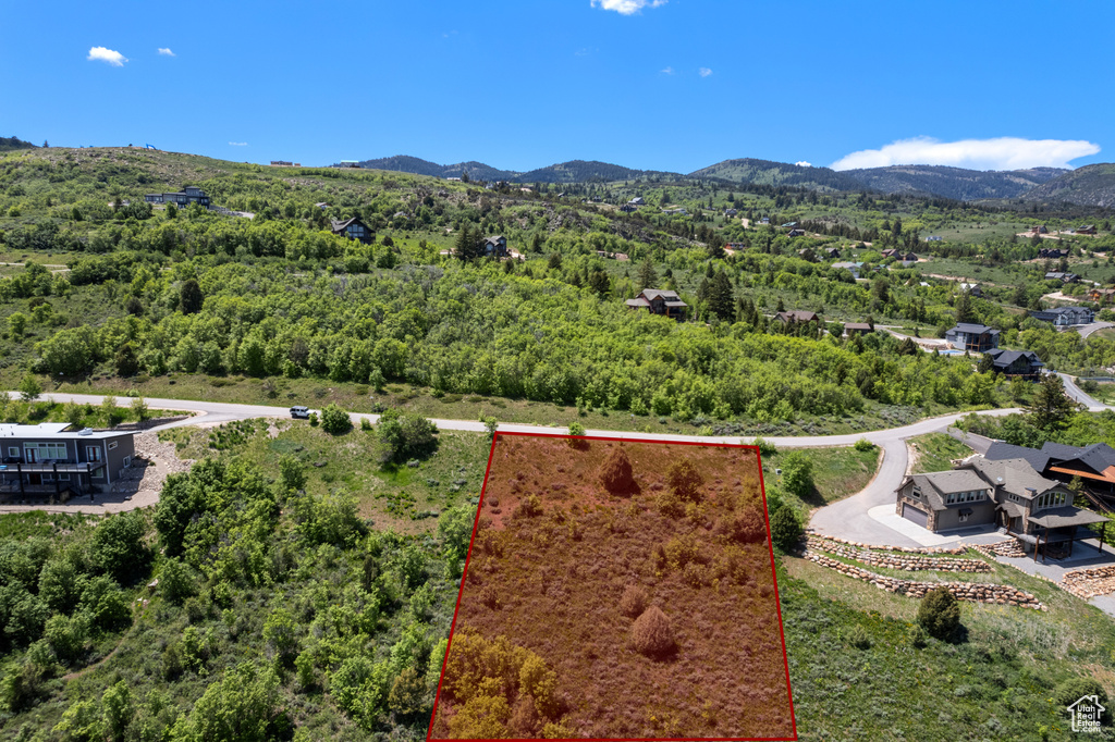 Aerial view of property and surrounding area with property parcel outlined, a mountain backdrop, and a forest