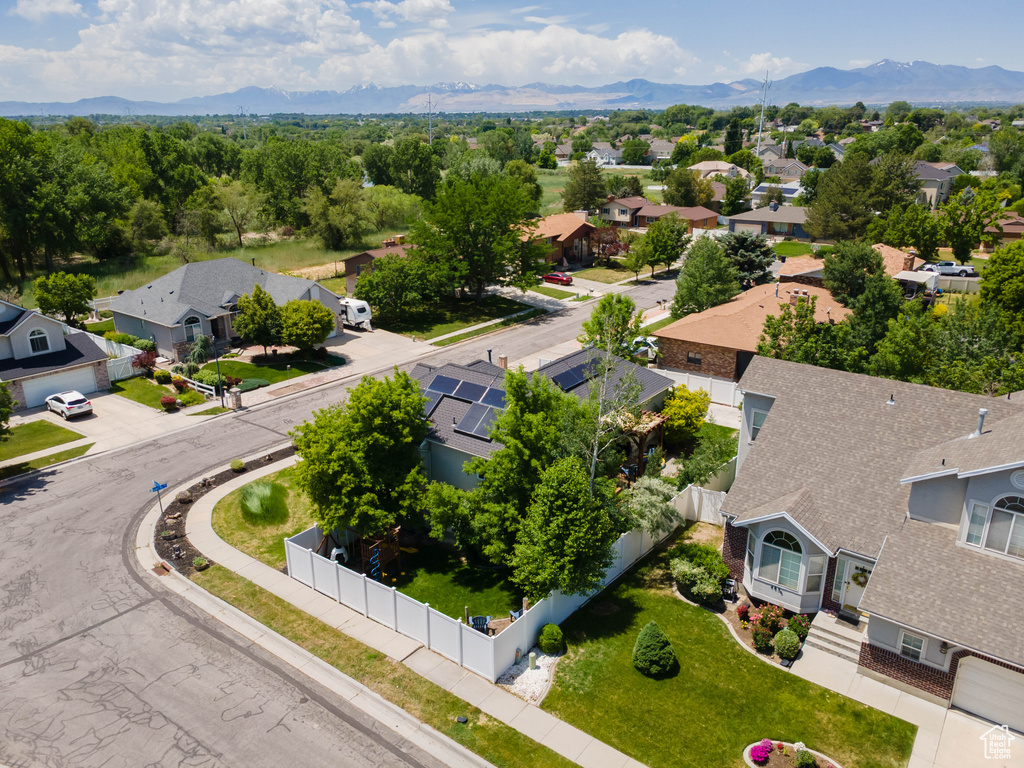Aerial perspective of suburban area featuring mountains