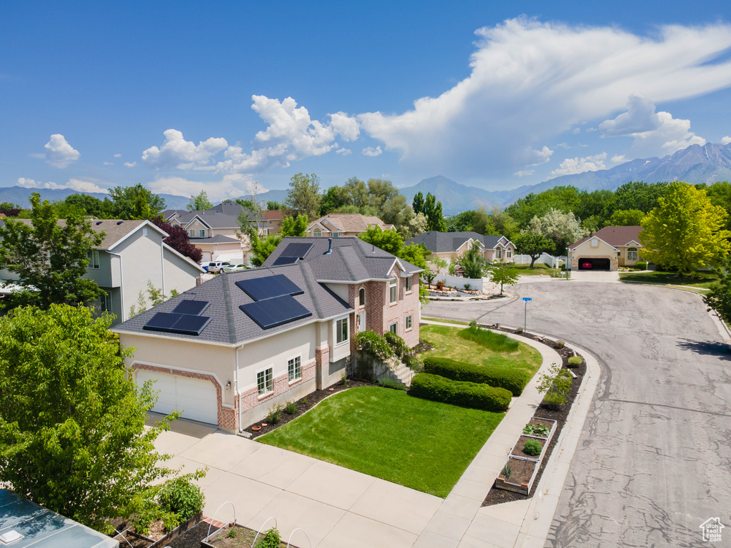 Aerial perspective of suburban area with mountains