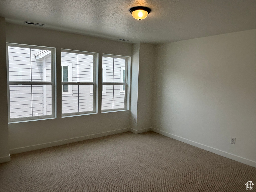 Spare room with light colored carpet, baseboards, and a textured ceiling