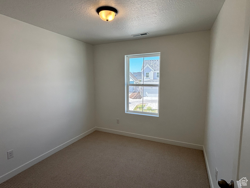 Spare room with a textured ceiling, baseboards, and light colored carpet