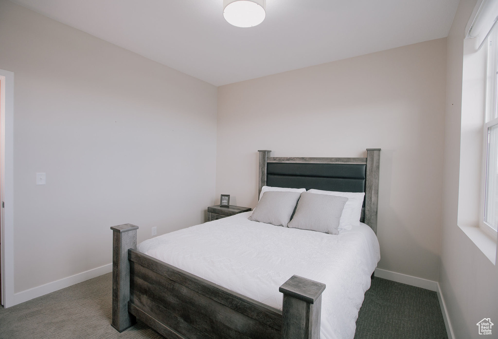 Bedroom featuring carpet floors, baseboards, and multiple windows