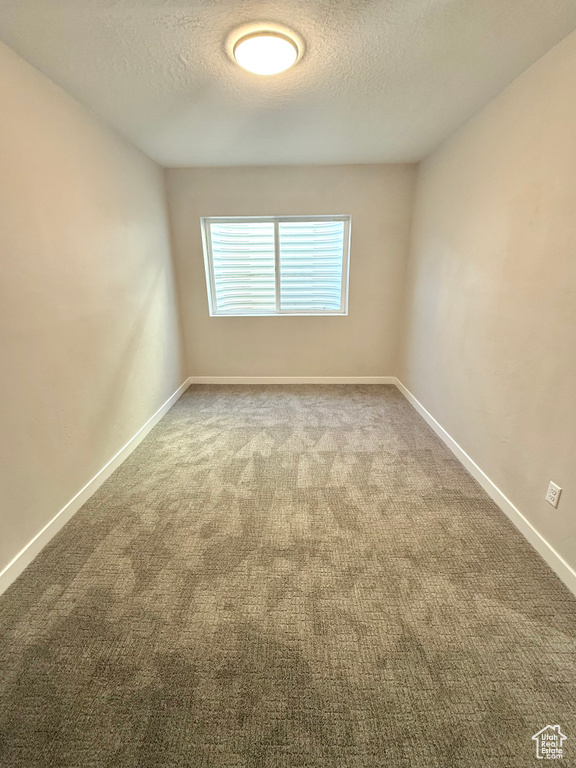 Spare room featuring a textured ceiling, carpet, and baseboards