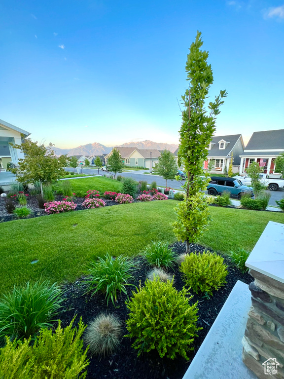 View of grassy yard featuring a mountain view