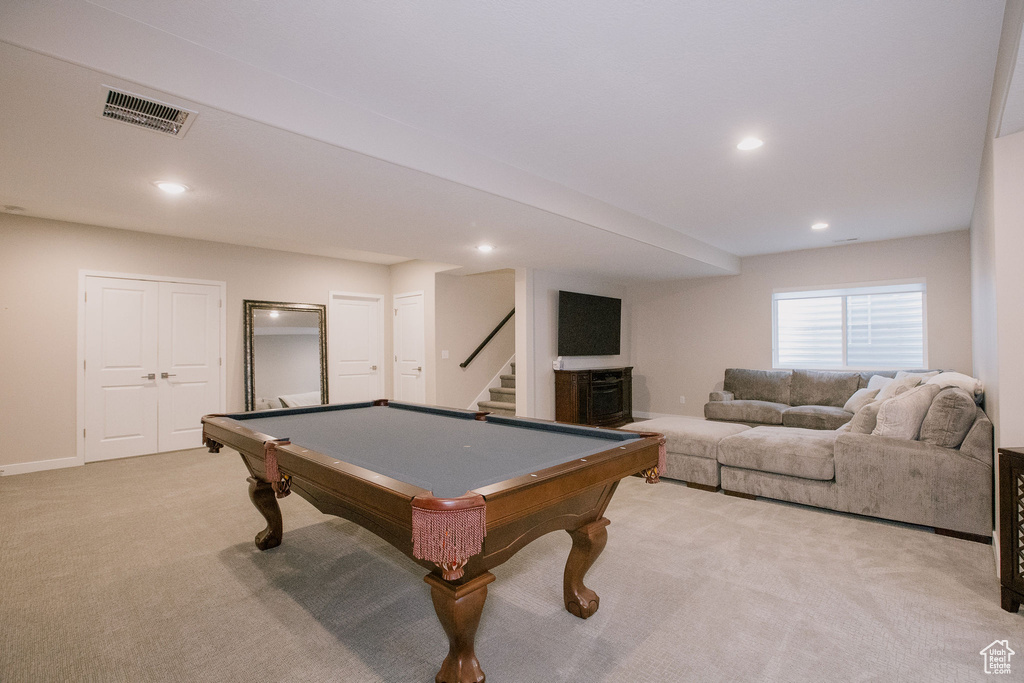 Recreation room with light carpet, pool table, recessed lighting, and baseboards