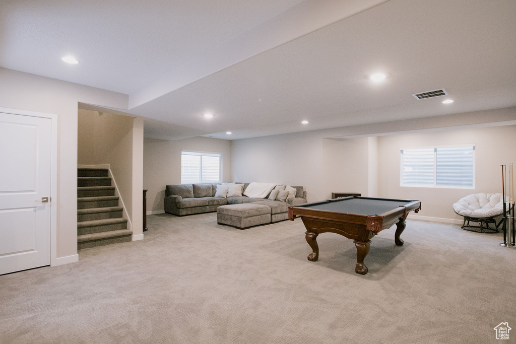Rec room featuring carpet floors, billiards, recessed lighting, and baseboards