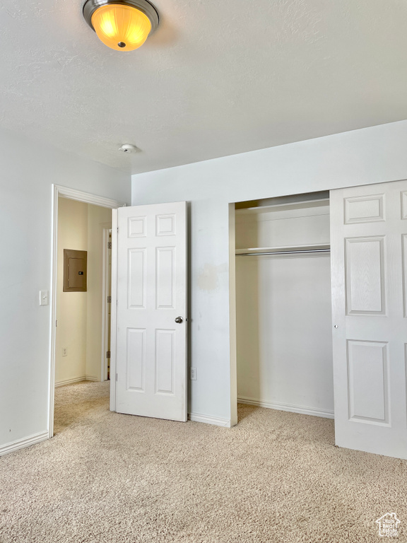 Unfurnished bedroom with carpet, a closet, baseboards, and electric panel