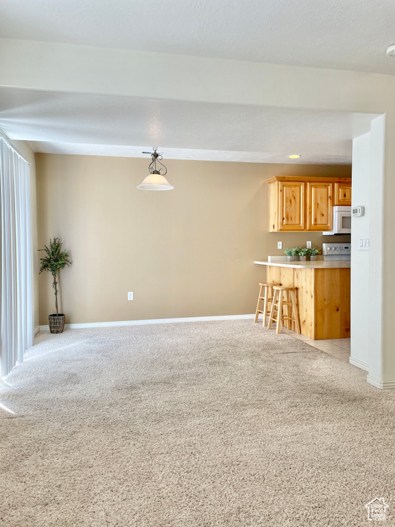 Unfurnished living room with light colored carpet and baseboards