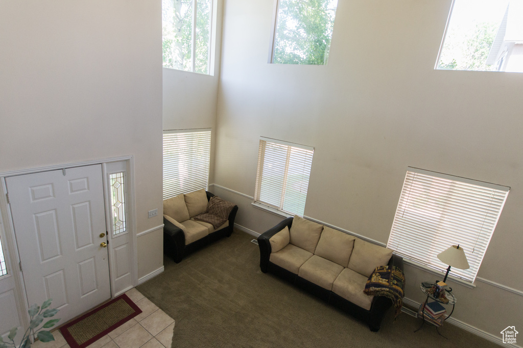 Living room featuring a towering ceiling, healthy amount of natural light, carpet flooring, and baseboards