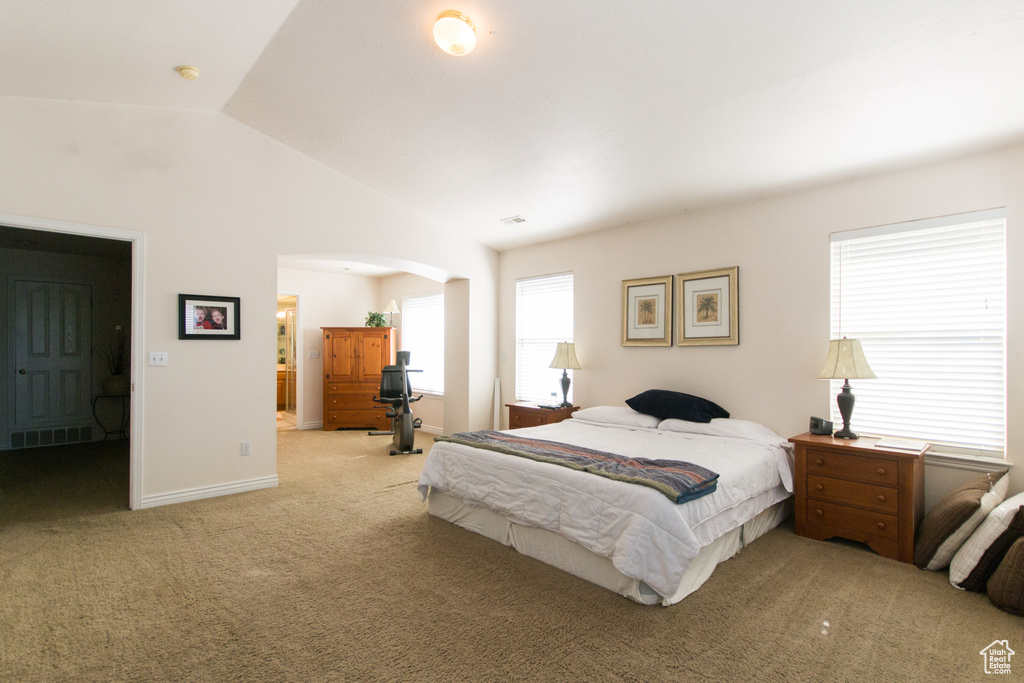 Carpeted bedroom featuring arched walkways, connected bathroom, baseboards, and high vaulted ceiling