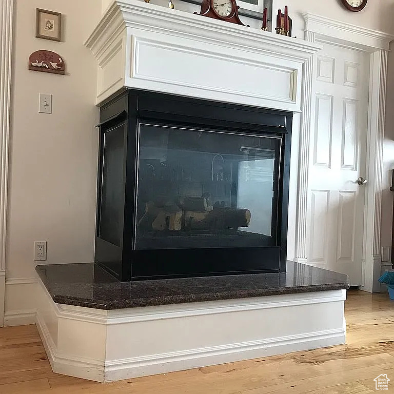 Detailed view of wood finished floors and a fireplace with raised hearth