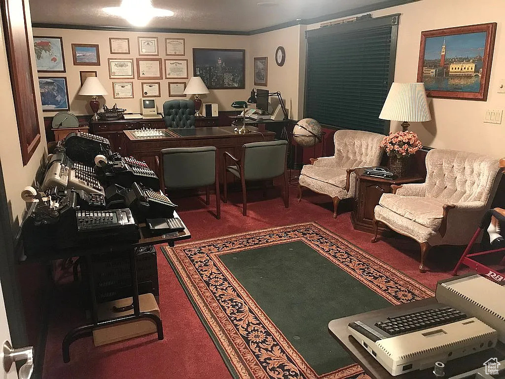 Office area featuring carpet flooring and crown molding
