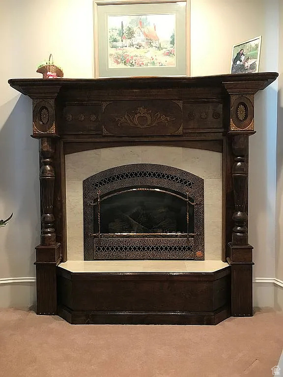 Detailed view of a fireplace and carpet
