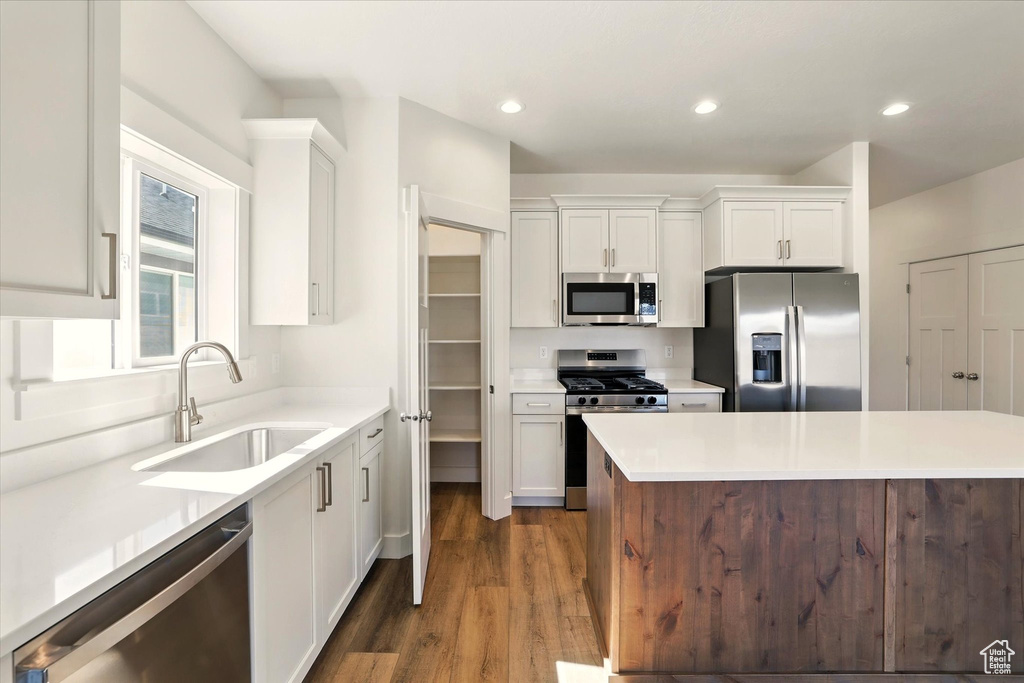 Kitchen featuring stainless steel appliances, a sink, white cabinetry, dark wood finished floors, and light countertops