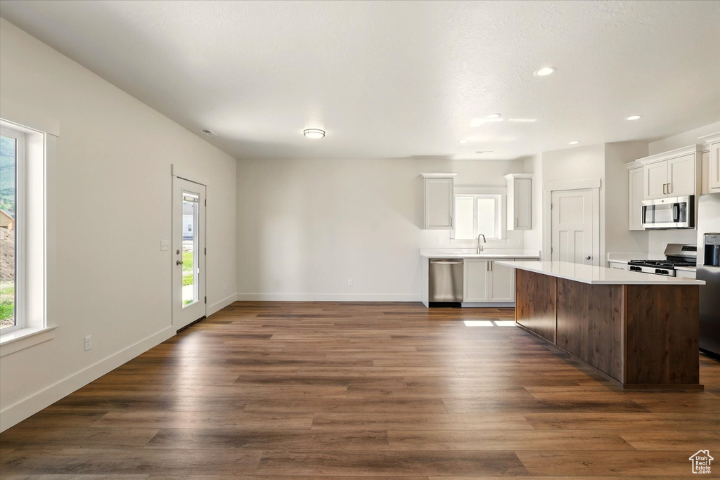 Kitchen featuring appliances with stainless steel finishes, plenty of natural light, a sink, light countertops, and recessed lighting
