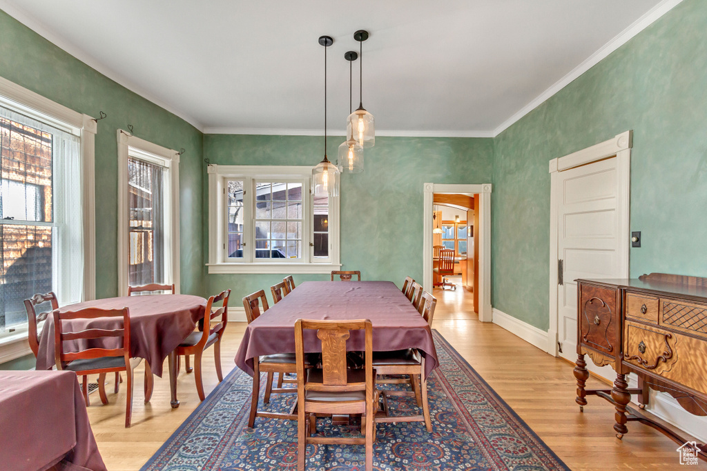 Dining space featuring light wood-style flooring, ornamental molding, and baseboards