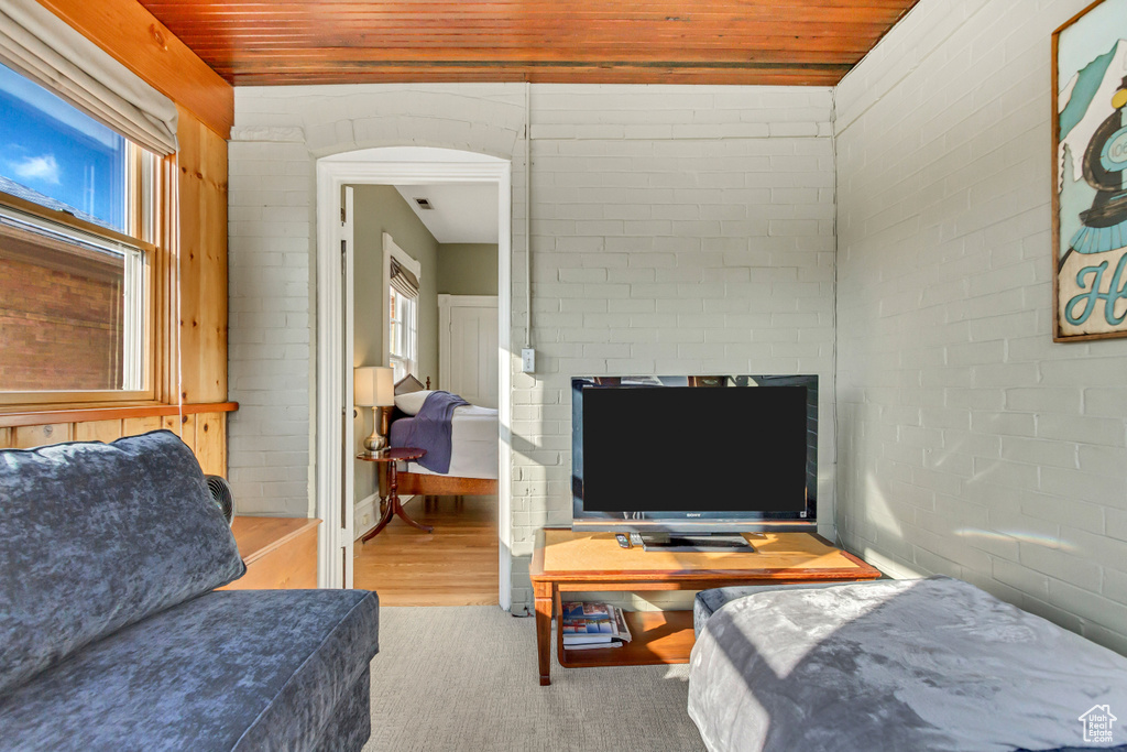 Bedroom featuring multiple windows, wood finished floors, wood ceiling, and a fireplace