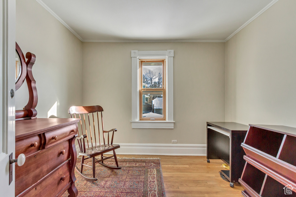 Sitting room featuring light wood-style flooring, baseboards, and ornamental molding