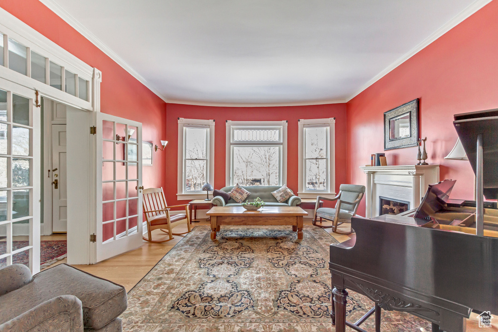 Living room with ornamental molding, a fireplace, and wood finished floors