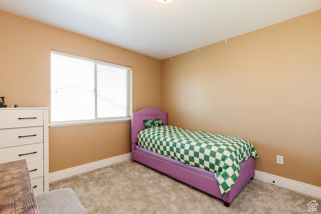 Bedroom with carpet floors and baseboards