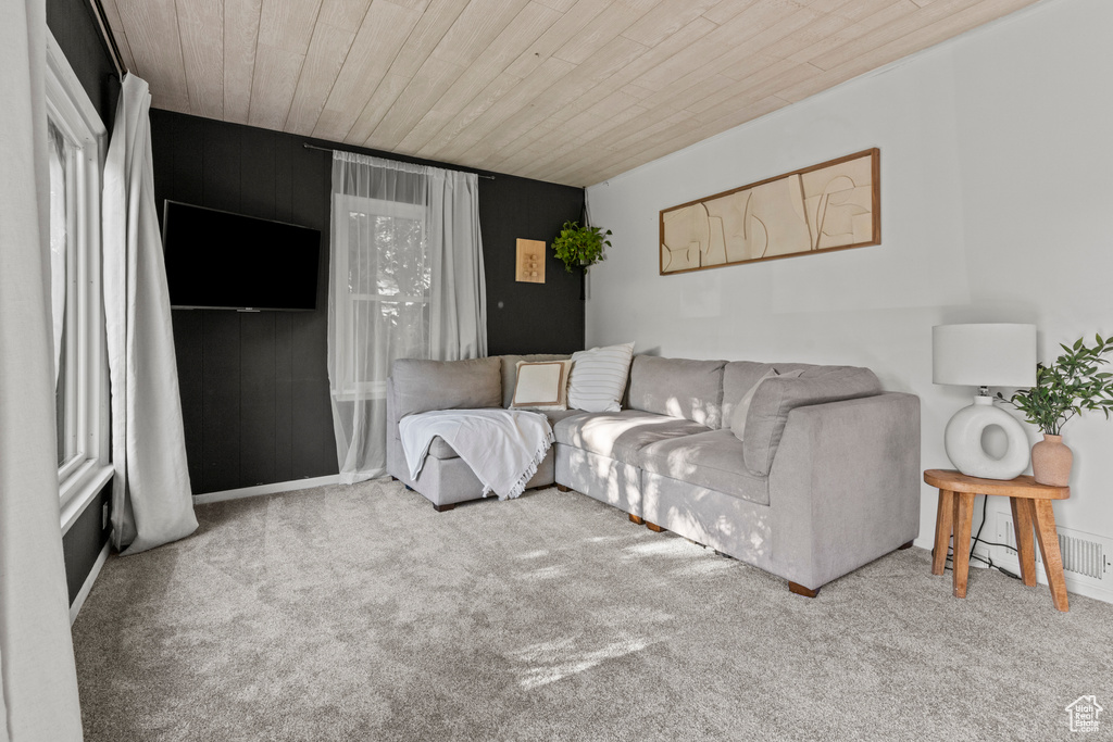 Carpeted living room with wood ceiling
