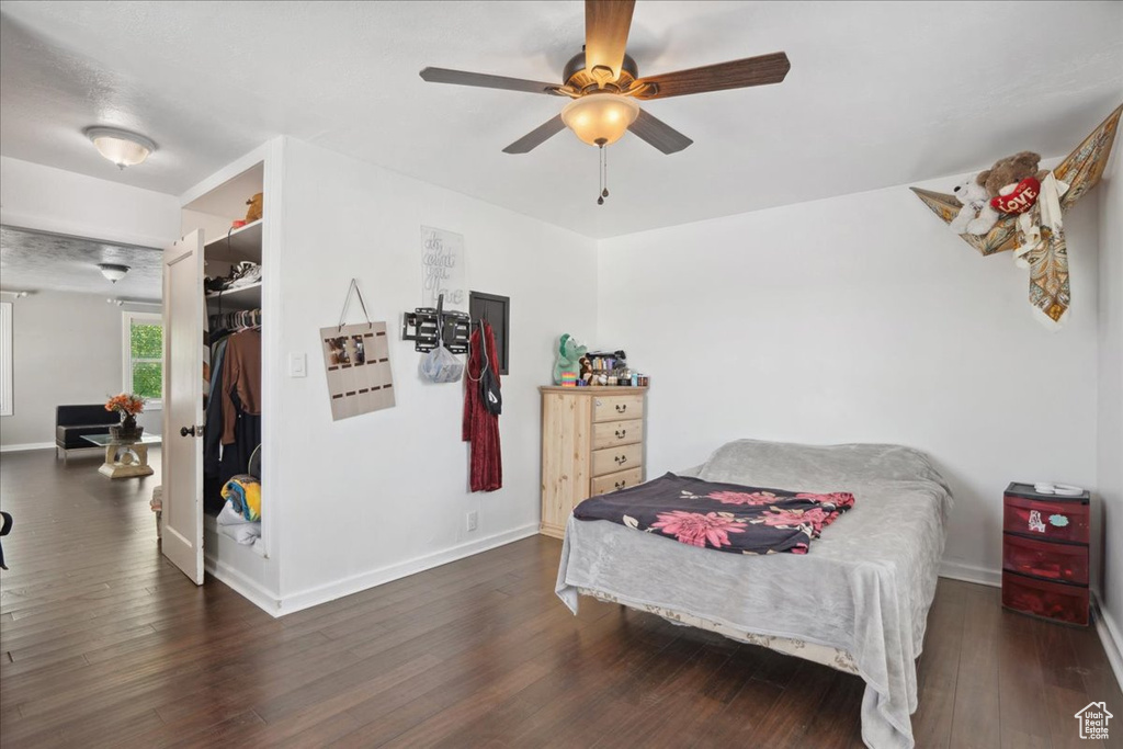 Bedroom with wood finished floors, baseboards, ceiling fan, and a walk in closet