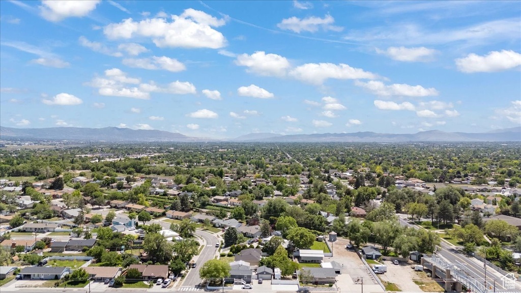 Aerial view of residential area with mountains