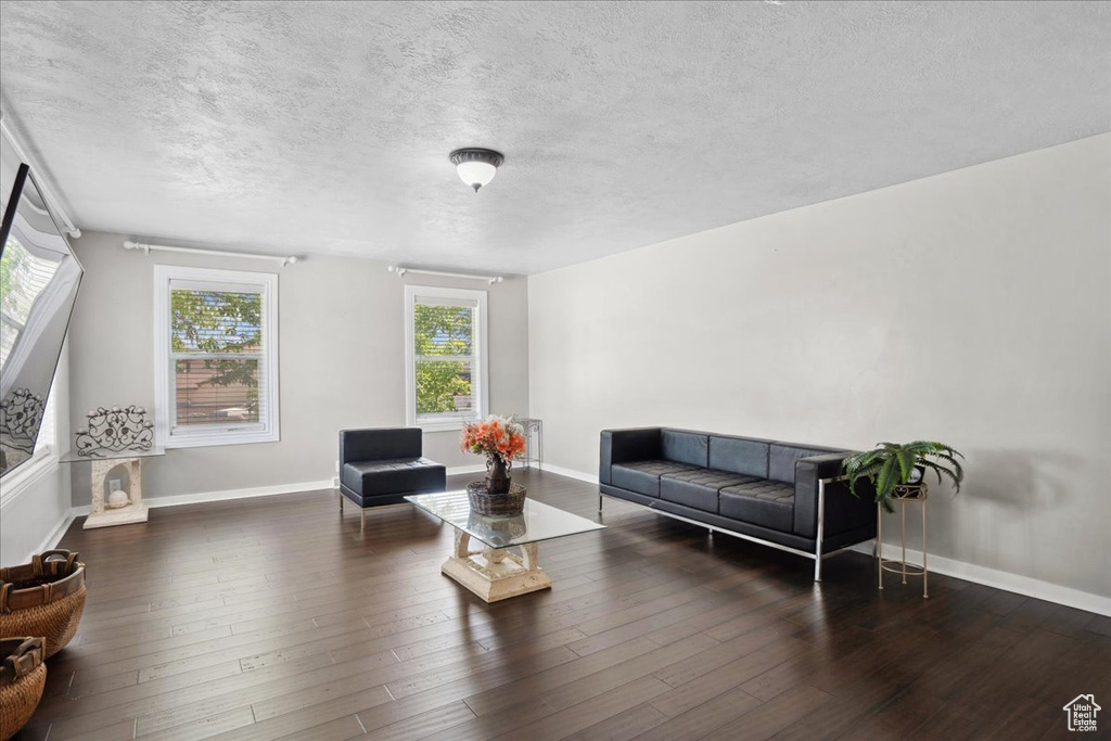 Living room featuring wood finished floors, a textured ceiling, and baseboards